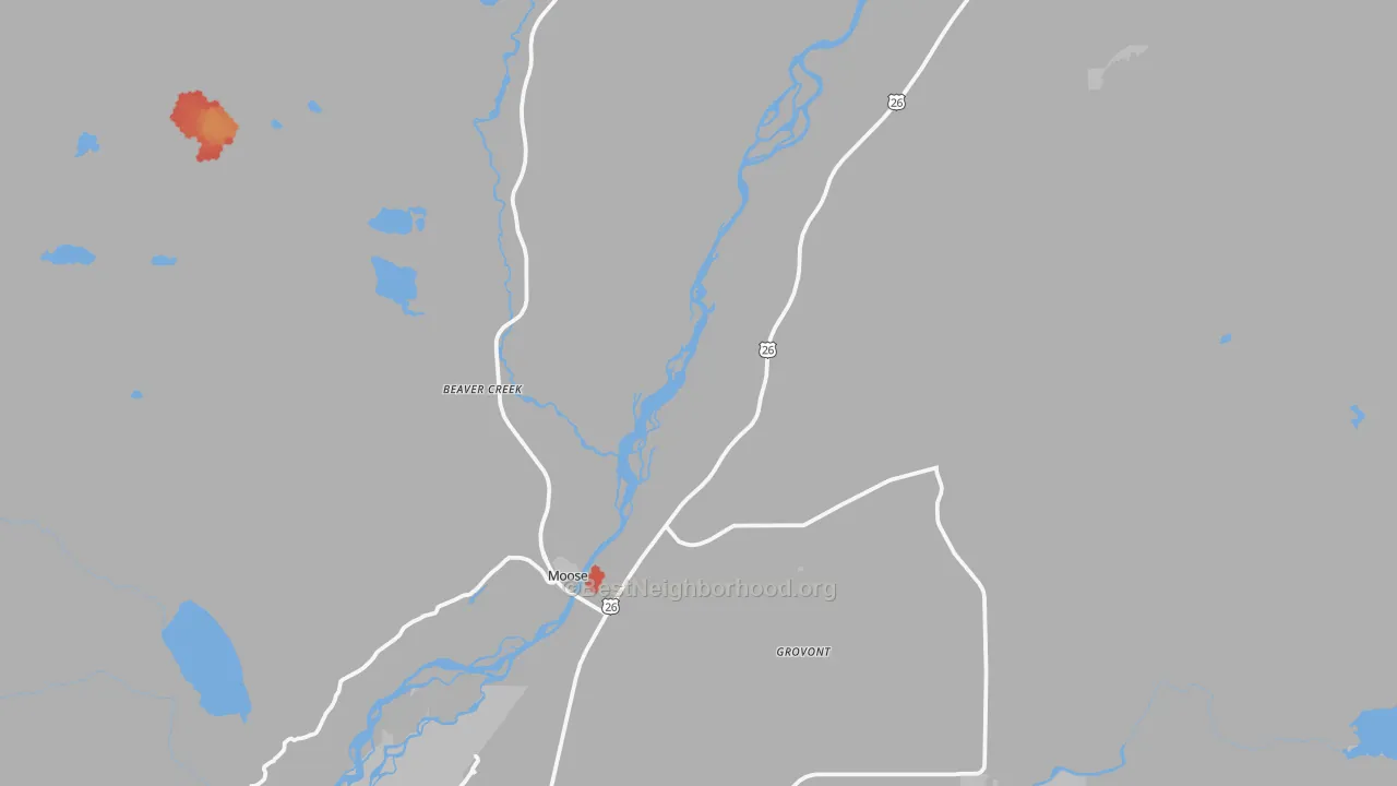 Walk Grade map of 83012, WY, walkable areas in green and car-dependent areas in red
