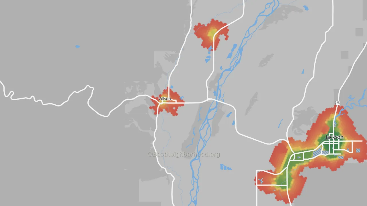 Walk Grade map of 83014, WY, walkable areas in green and car-dependent areas in red