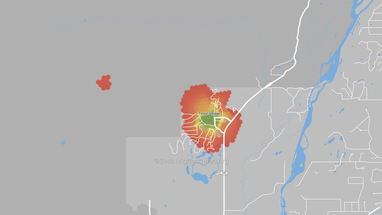 Walk Grade map of 83025, WY, walkable areas in green and car-dependent areas in red