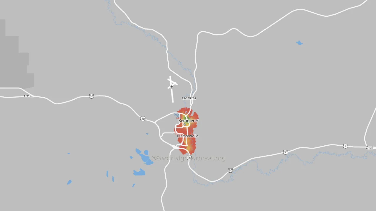 Walk Grade map of 83101, WY, walkable areas in green and car-dependent areas in red
