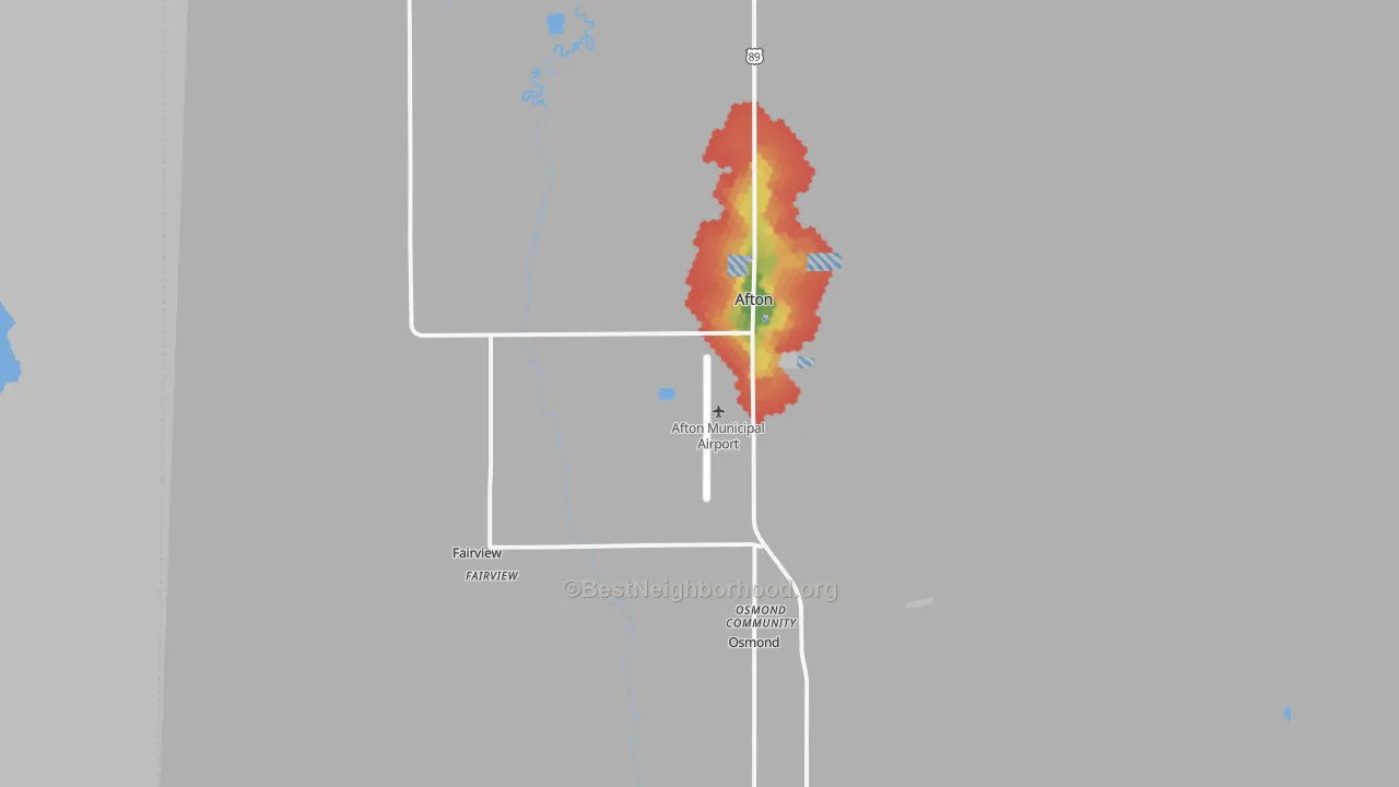 Walk Grade map of 83110, WY, walkable areas in green and car-dependent areas in red