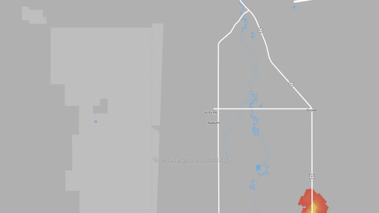 Walk Grade map of 83111, WY, walkable areas in green and car-dependent areas in red