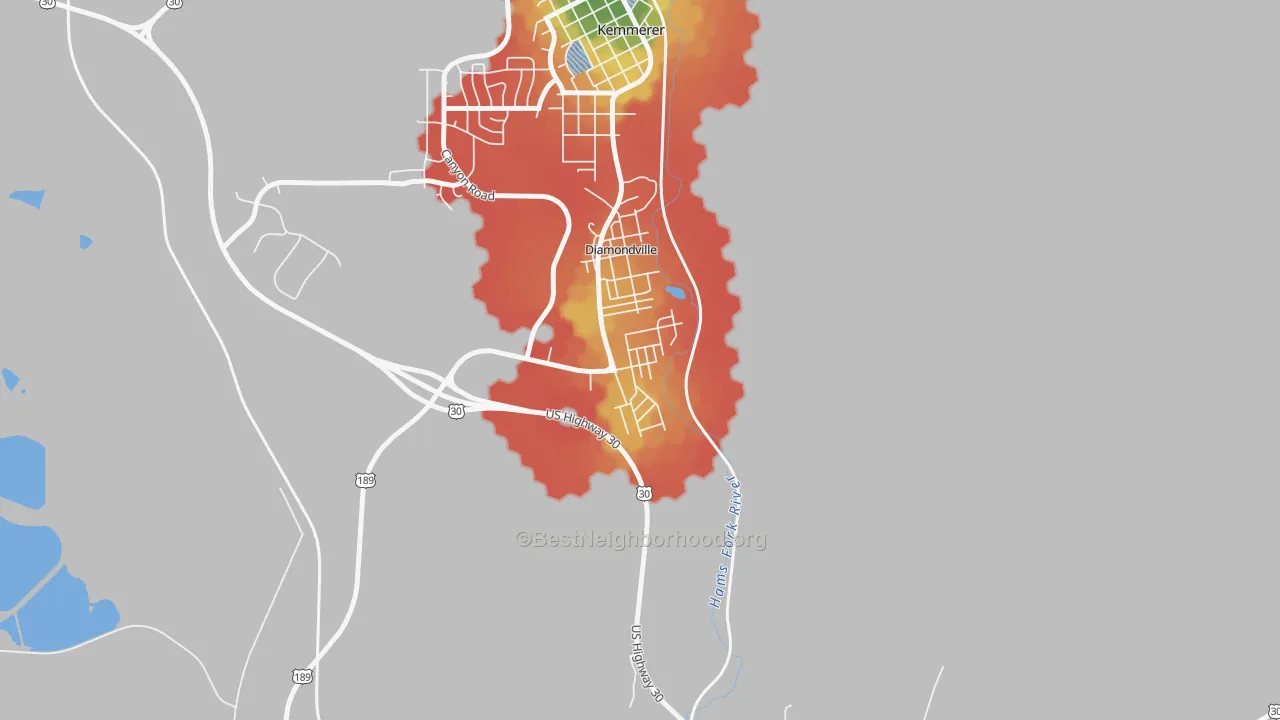 Walk Grade map of 83116, WY, walkable areas in green and car-dependent areas in red