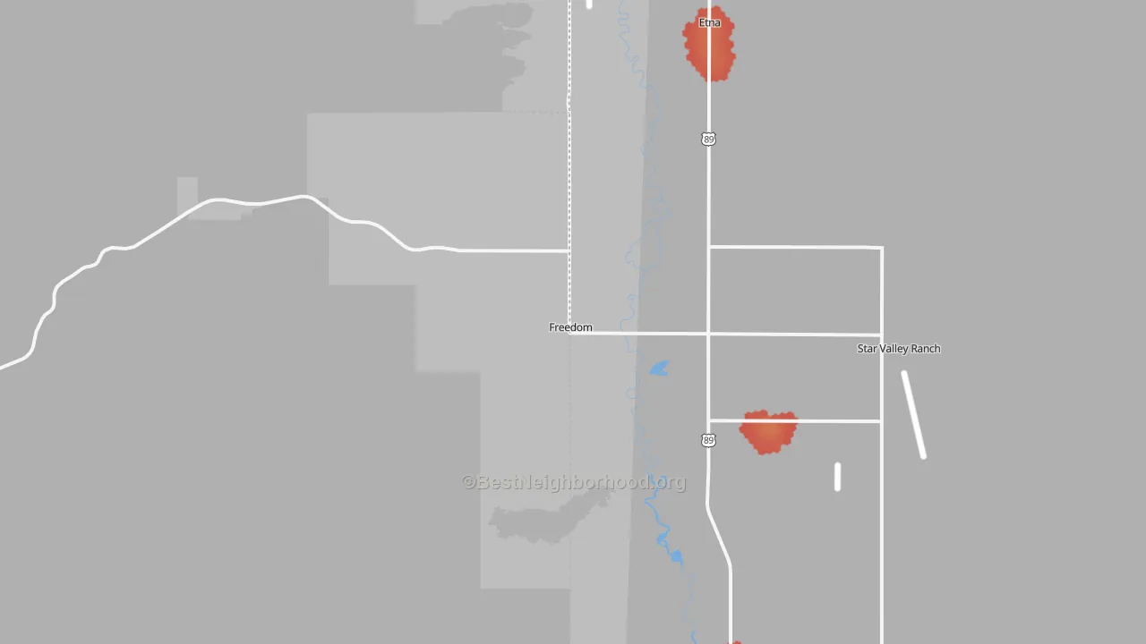 Walk Grade map of 83120, WY, walkable areas in green and car-dependent areas in red