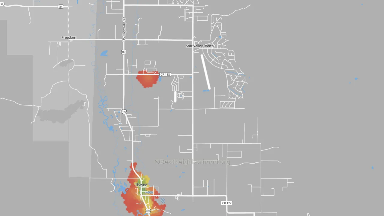 Walk Grade map of 83127, WY, walkable areas in green and car-dependent areas in red
