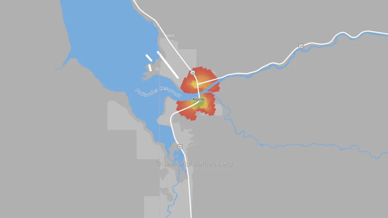 Walk Grade map of 83128, WY, walkable areas in green and car-dependent areas in red