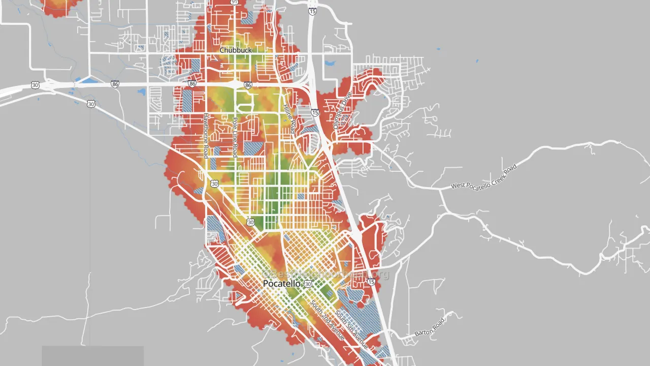 Walk Grade map of 83201, ID, walkable areas in green and car-dependent areas in red