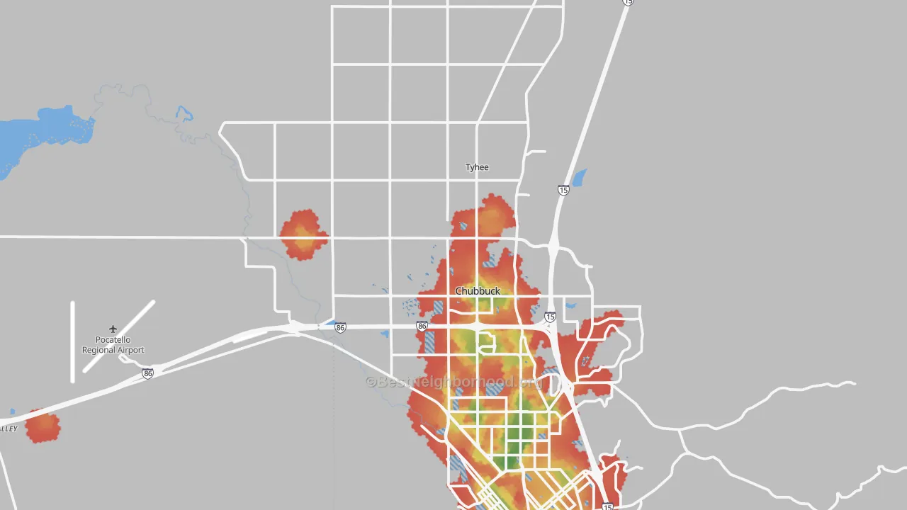 Walk Grade map of 83202, ID, walkable areas in green and car-dependent areas in red