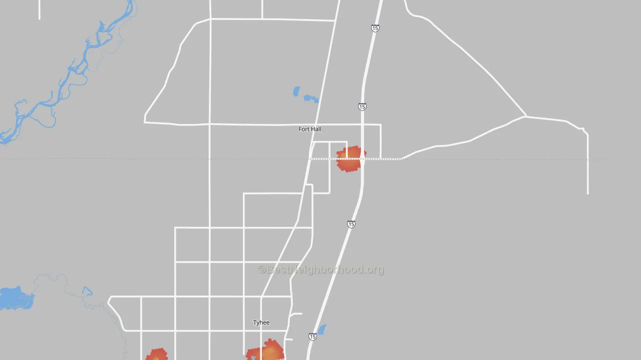 Walk Grade map of 83203, ID, walkable areas in green and car-dependent areas in red