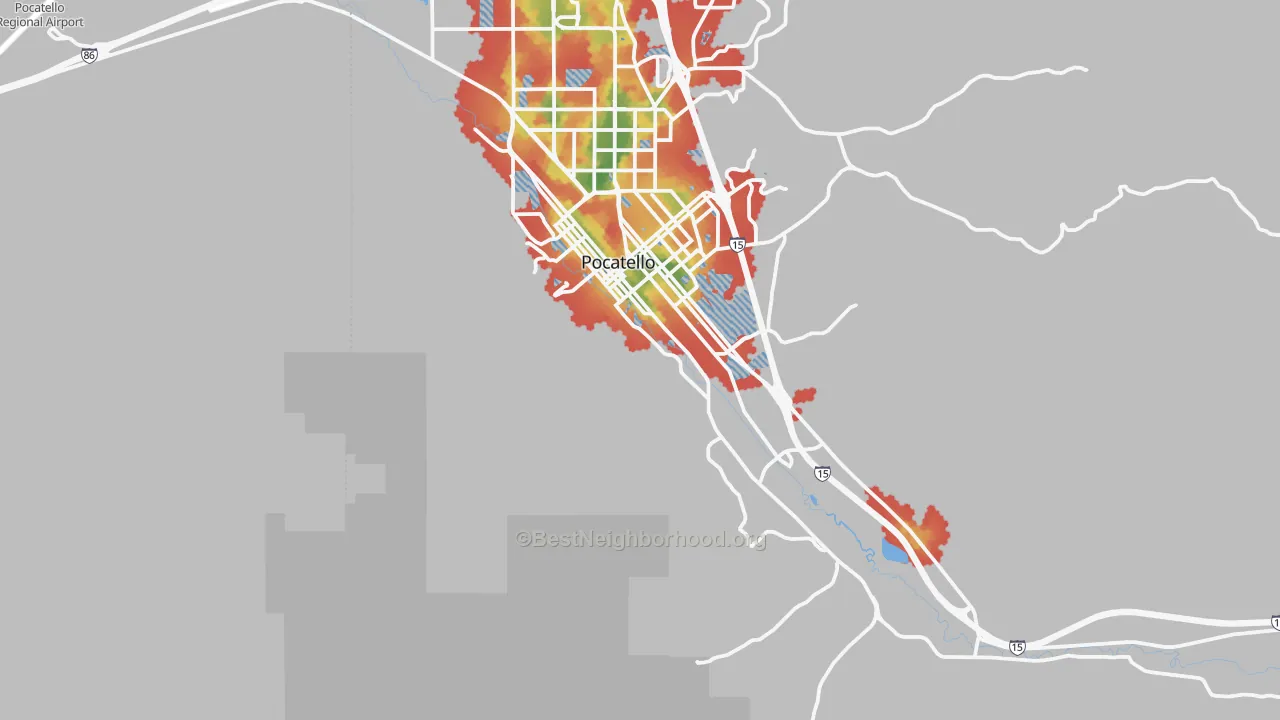 Walk Grade map of 83204, ID, walkable areas in green and car-dependent areas in red