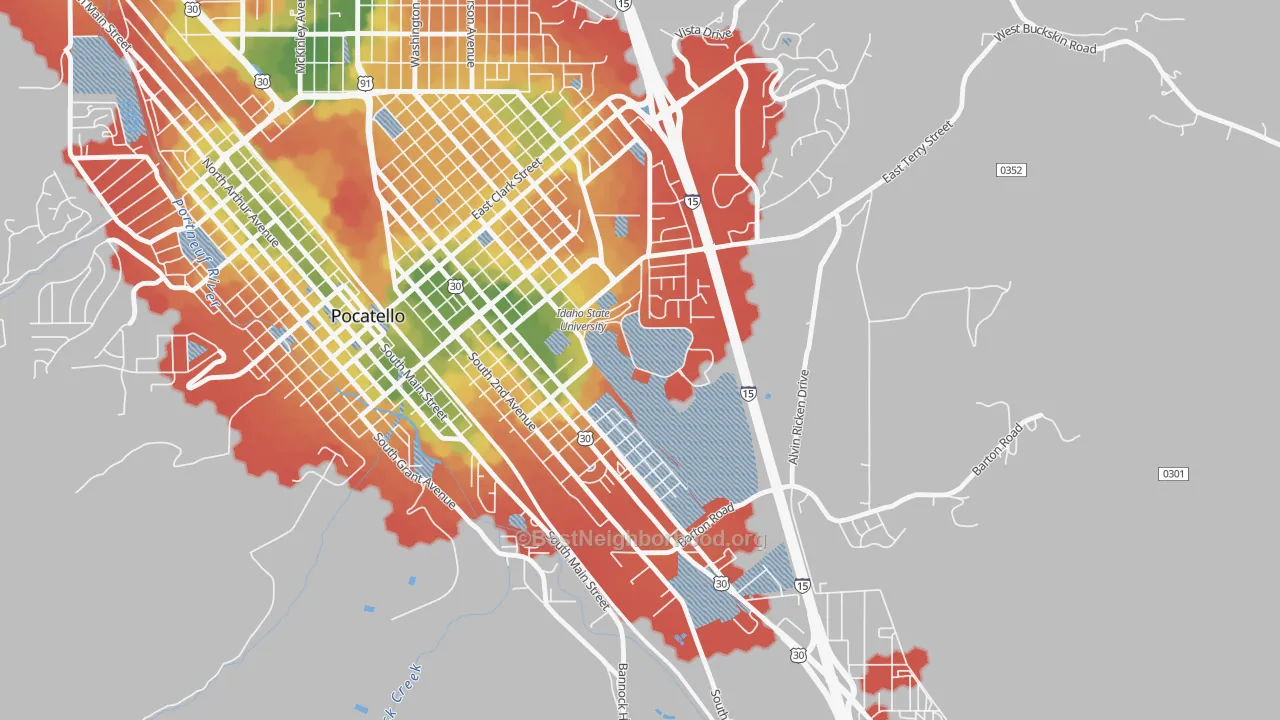 Walk Grade map of 83209, ID, walkable areas in green and car-dependent areas in red