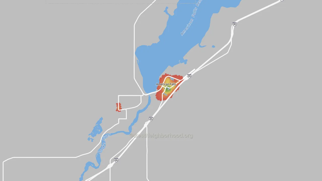 Walk Grade map of 83211, ID, walkable areas in green and car-dependent areas in red