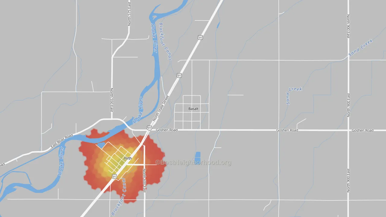 Walk Grade map of 83218, ID, walkable areas in green and car-dependent areas in red