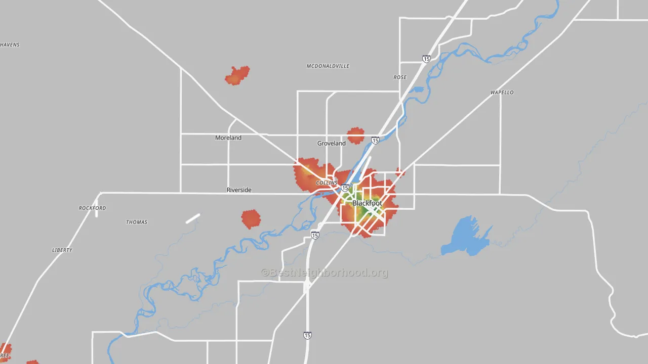 Walk Grade map of 83221, ID, walkable areas in green and car-dependent areas in red
