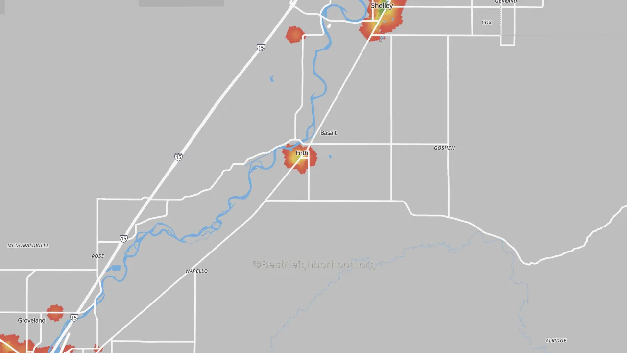 Walk Grade map of 83236, ID, walkable areas in green and car-dependent areas in red