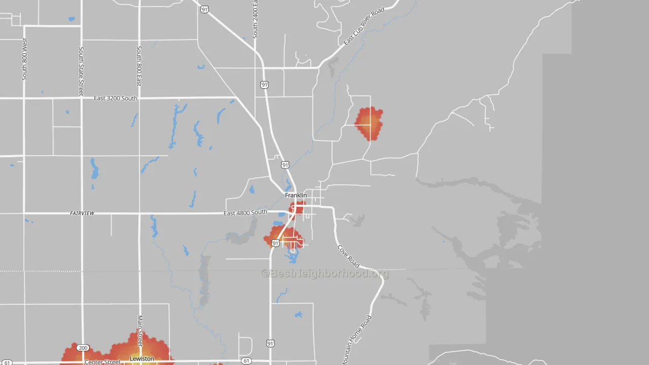 Walk Grade map of 83237, ID, walkable areas in green and car-dependent areas in red