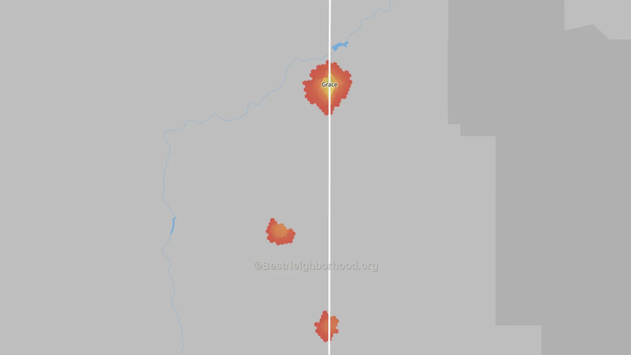 Walk Grade map of 83241, ID, walkable areas in green and car-dependent areas in red