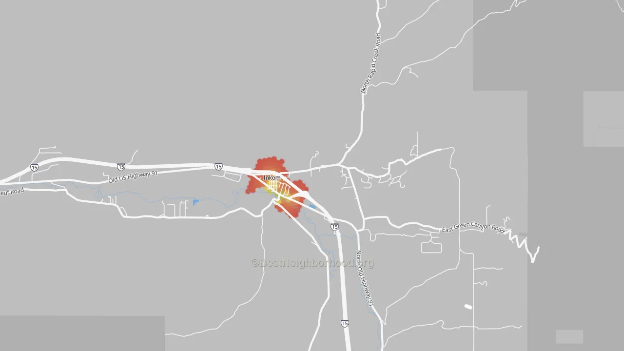 Walk Grade map of 83245, ID, walkable areas in green and car-dependent areas in red