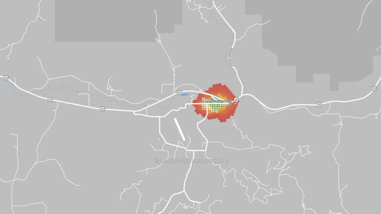 Walk Grade map of 83246, ID, walkable areas in green and car-dependent areas in red