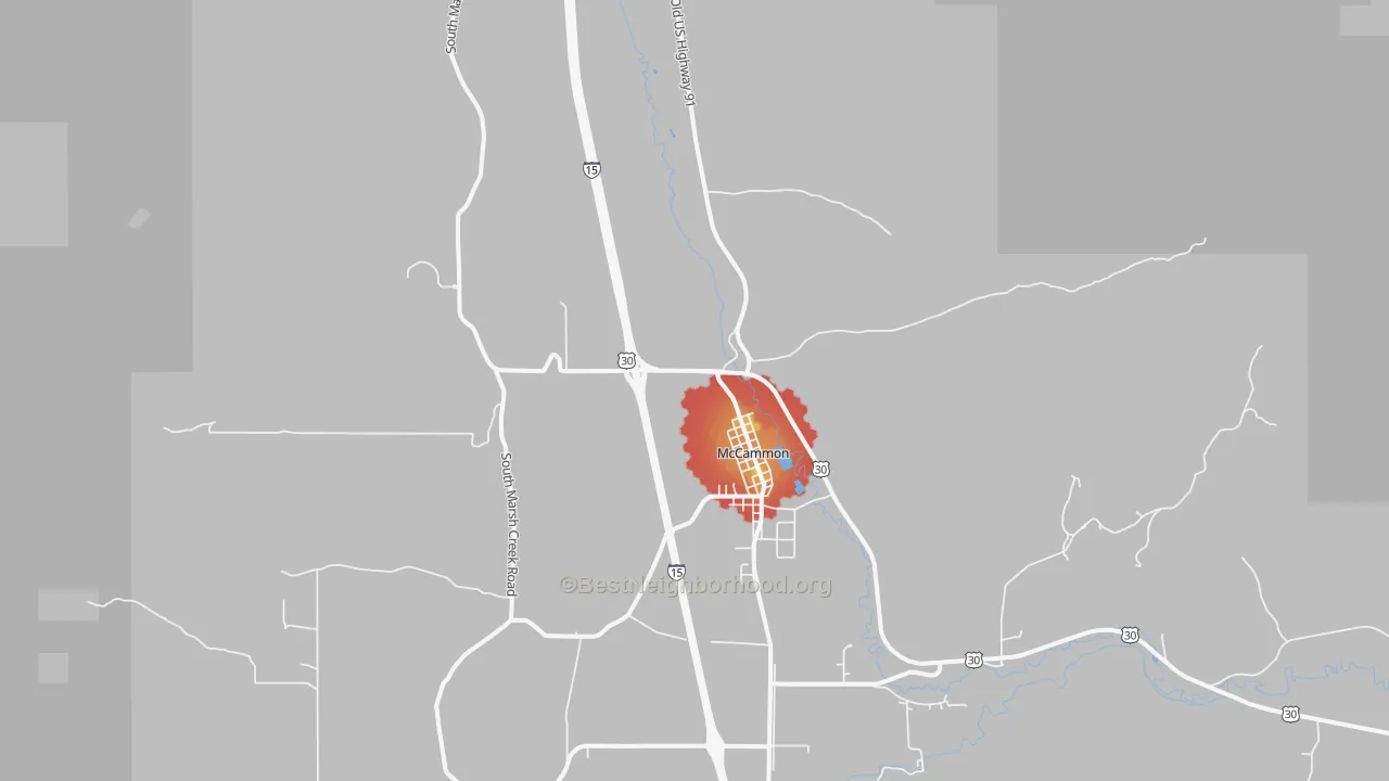 Walk Grade map of 83250, ID, walkable areas in green and car-dependent areas in red