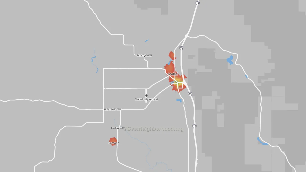 Walk Grade map of 83252, ID, walkable areas in green and car-dependent areas in red