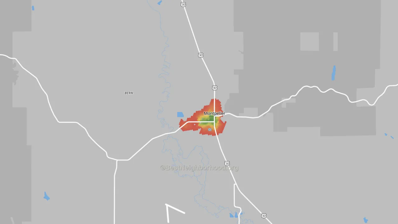 Walk Grade map of 83254, ID, walkable areas in green and car-dependent areas in red