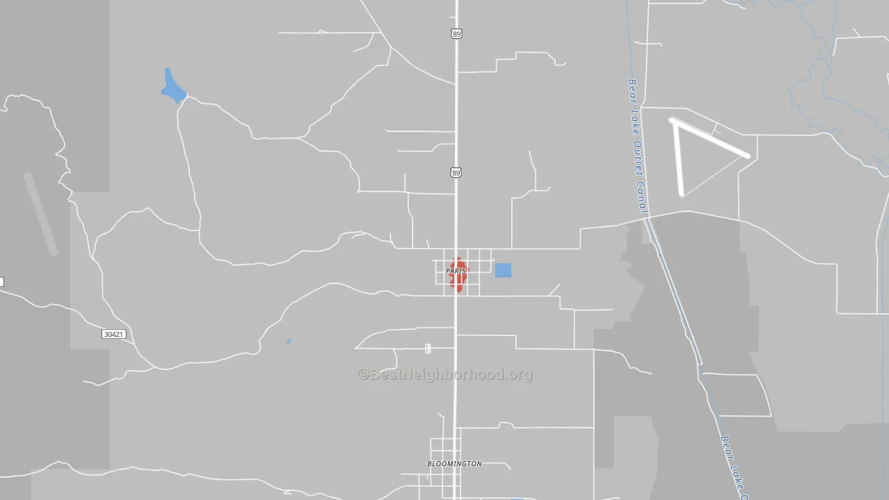 Walk Grade map of 83261, ID, walkable areas in green and car-dependent areas in red