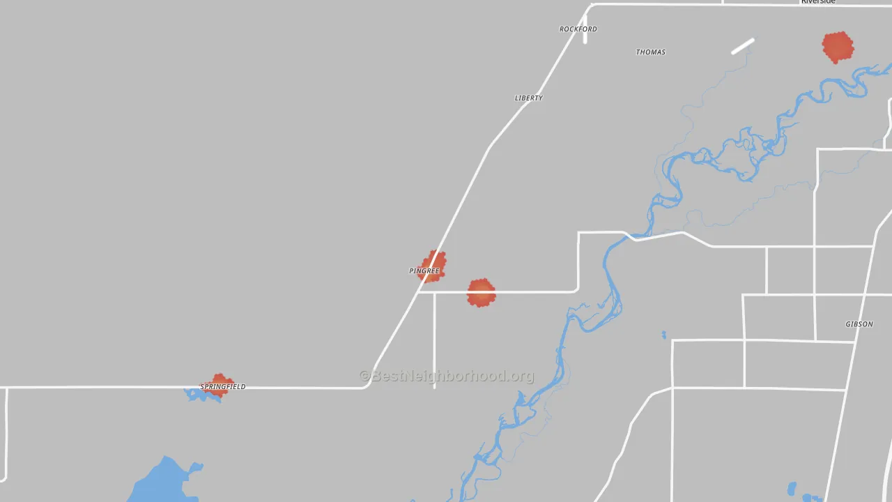 Walk Grade map of 83262, ID, walkable areas in green and car-dependent areas in red
