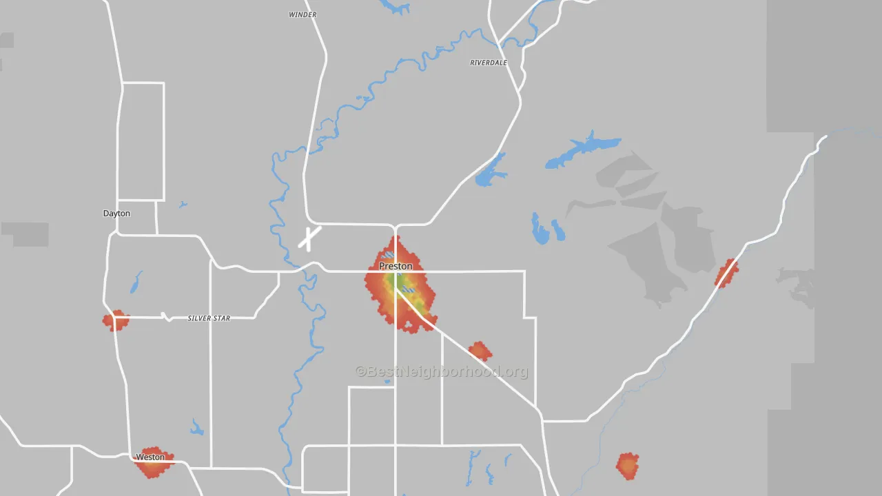 Walk Grade map of 83263, ID, walkable areas in green and car-dependent areas in red