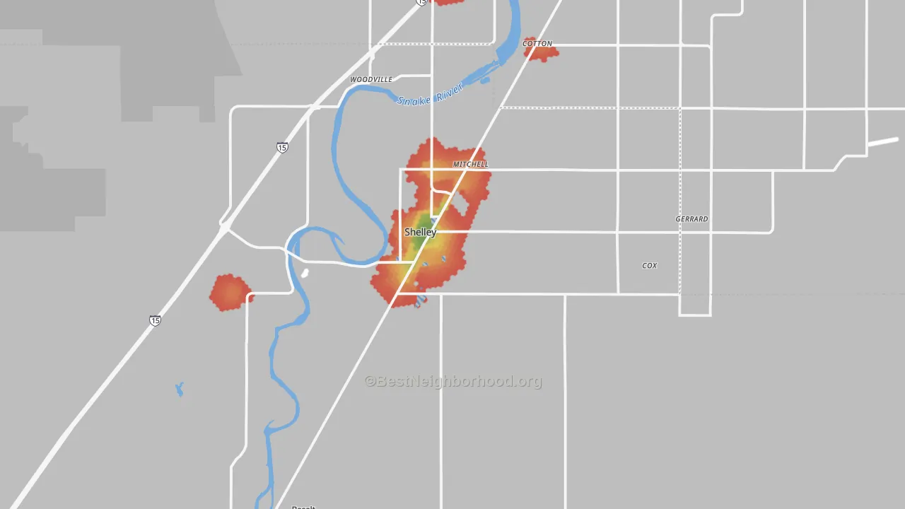 Walk Grade map of 83274, ID, walkable areas in green and car-dependent areas in red