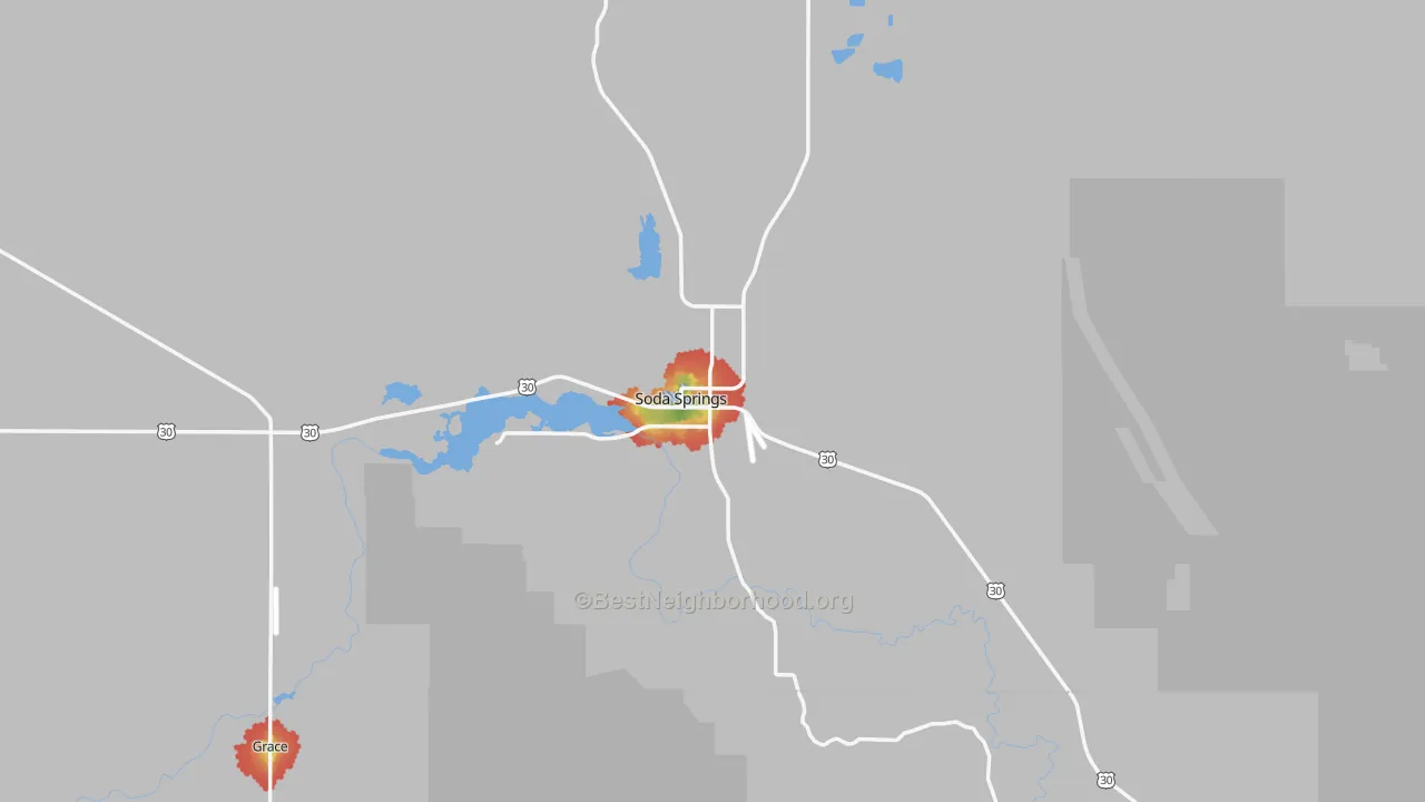Walk Grade map of 83276, ID, walkable areas in green and car-dependent areas in red
