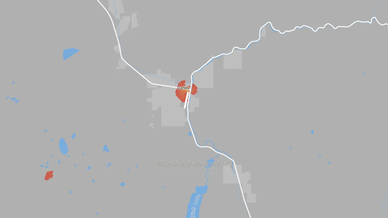 Walk Grade map of 83278, ID, walkable areas in green and car-dependent areas in red