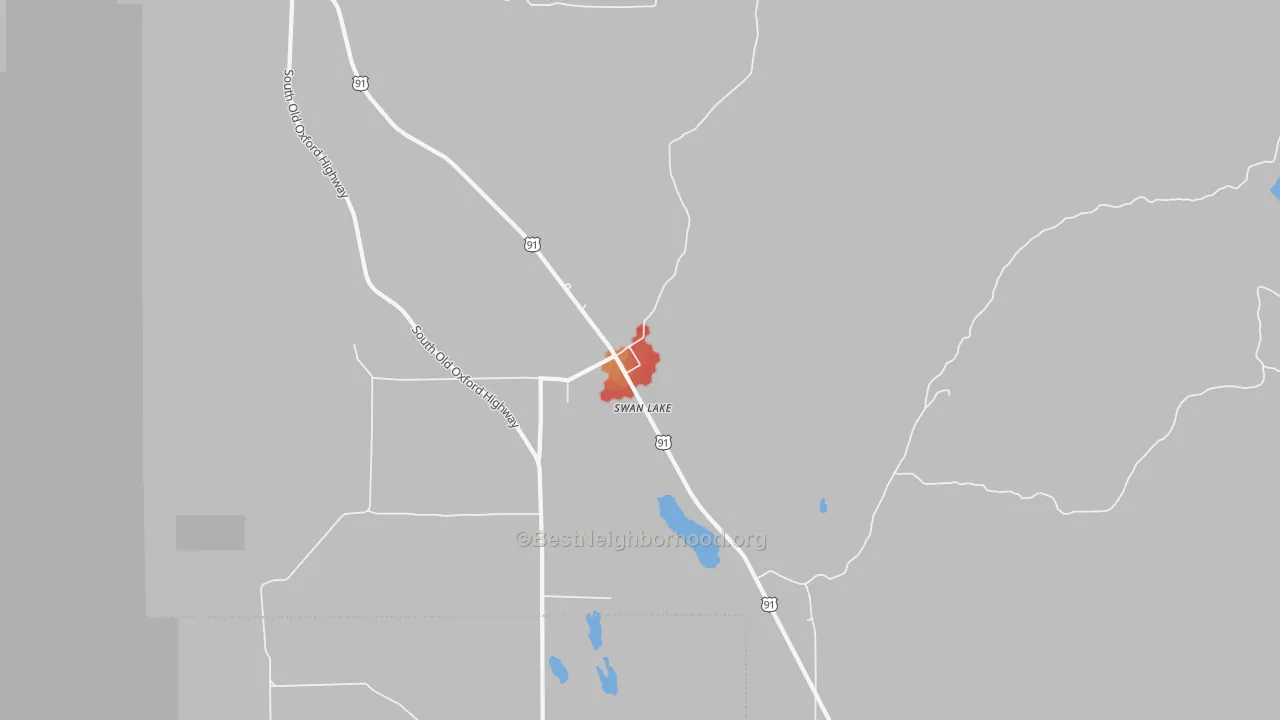 Walk Grade map of 83281, ID, walkable areas in green and car-dependent areas in red