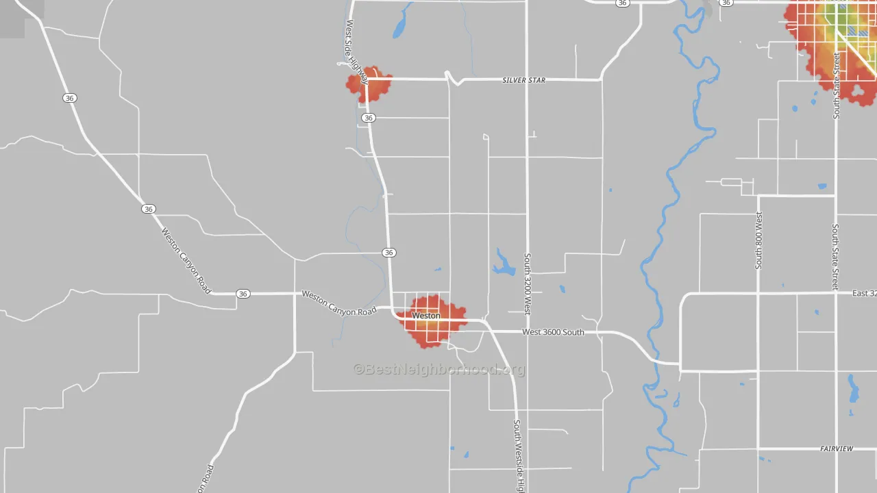 Walk Grade map of 83286, ID, walkable areas in green and car-dependent areas in red
