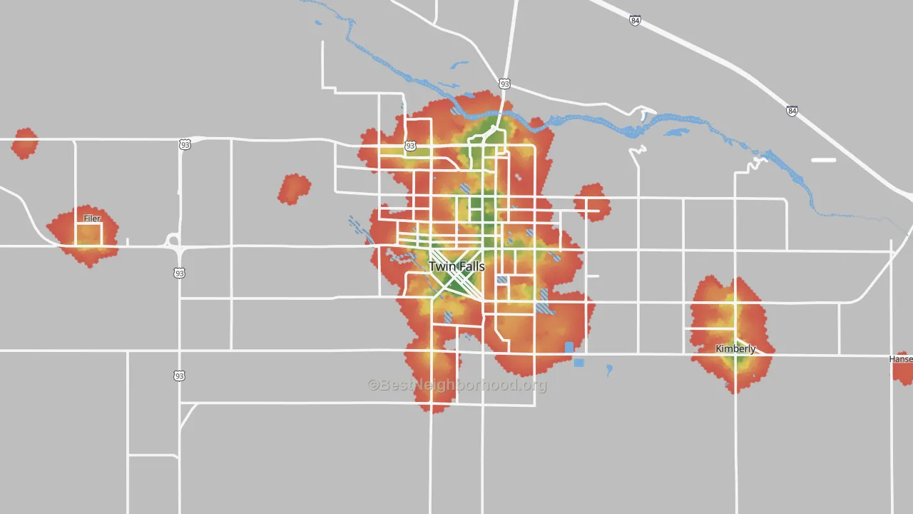 Walk Grade map of 83301, ID, walkable areas in green and car-dependent areas in red