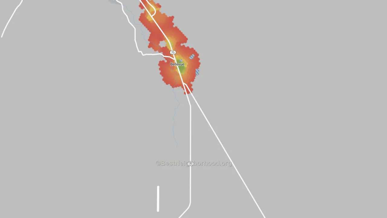Walk Grade map of 83313, ID, walkable areas in green and car-dependent areas in red