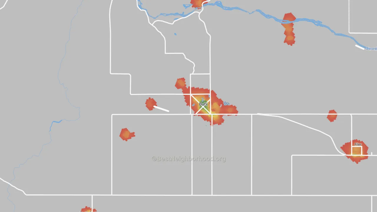 Walk Grade map of 83316, ID, walkable areas in green and car-dependent areas in red