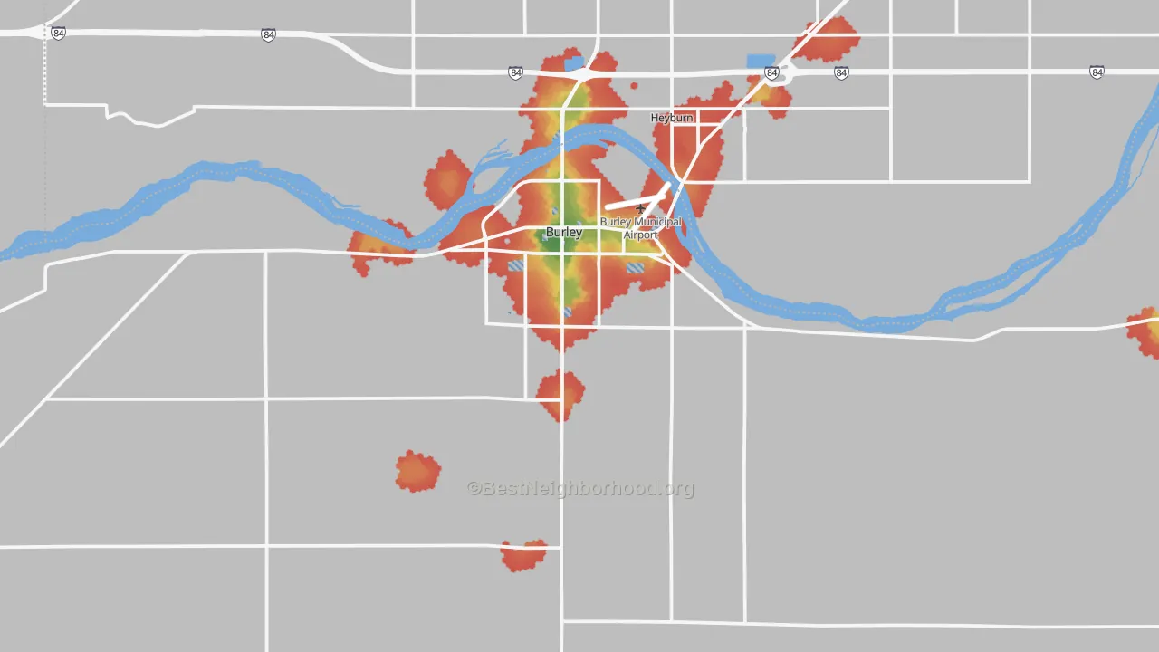 Walk Grade map of 83318, ID, walkable areas in green and car-dependent areas in red