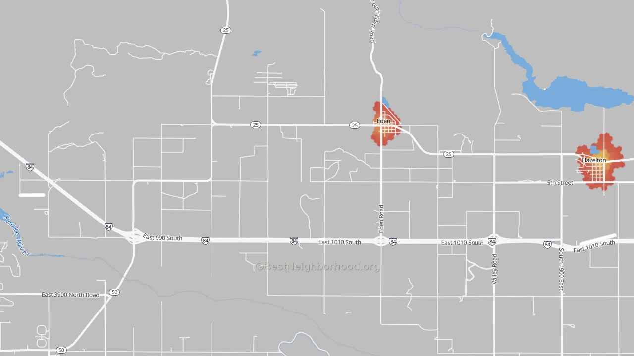 Walk Grade map of 83325, ID, walkable areas in green and car-dependent areas in red