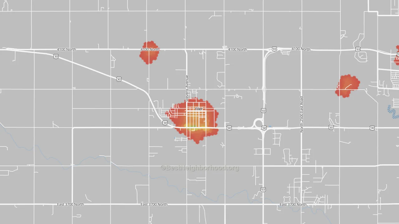 Walk Grade map of 83328, ID, walkable areas in green and car-dependent areas in red