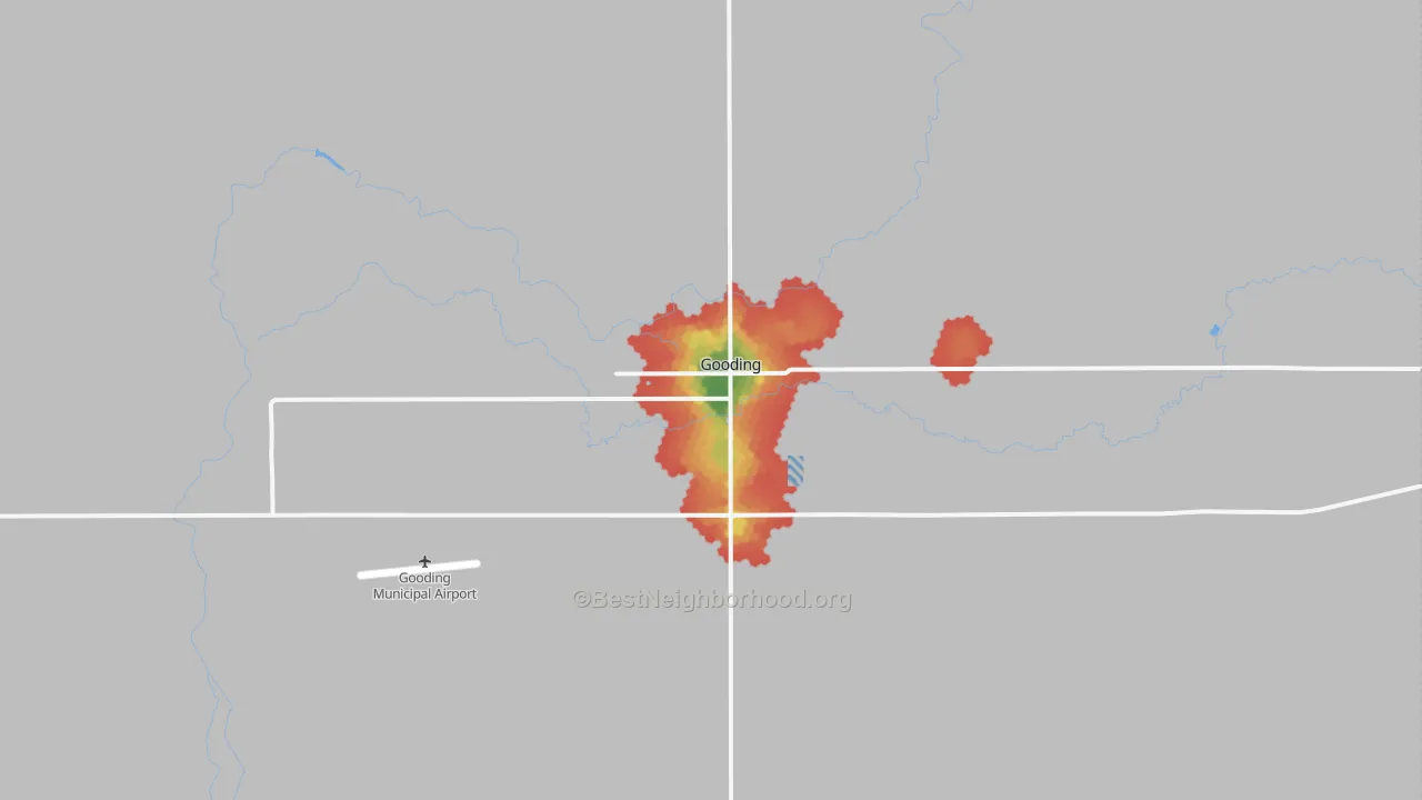 Walk Grade map of 83330, ID, walkable areas in green and car-dependent areas in red
