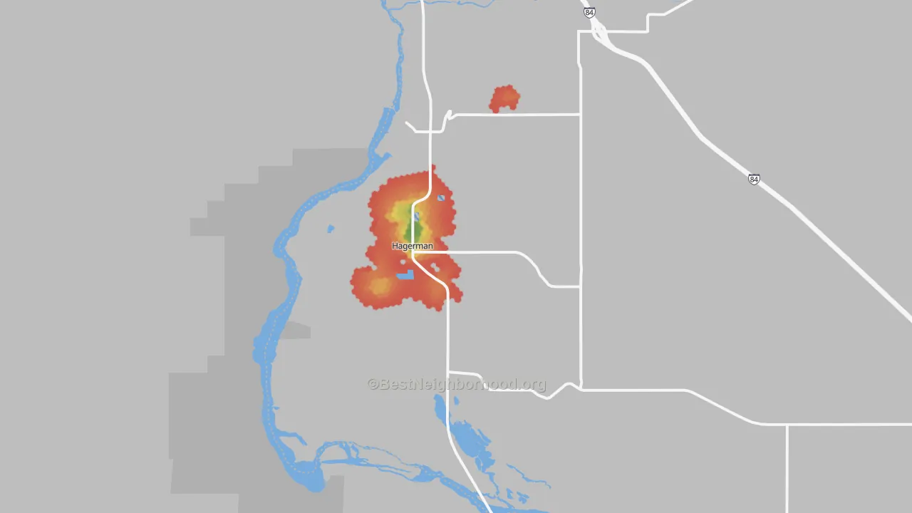 Walk Grade map of 83332, ID, walkable areas in green and car-dependent areas in red