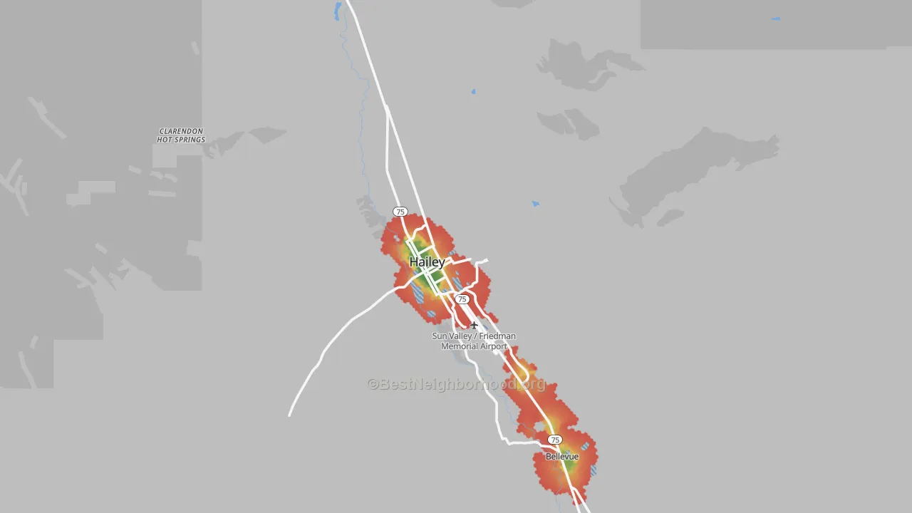 Walk Grade map of 83333, ID, walkable areas in green and car-dependent areas in red