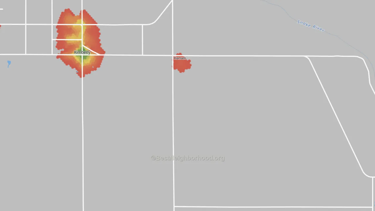 Walk Grade map of 83334, ID, walkable areas in green and car-dependent areas in red