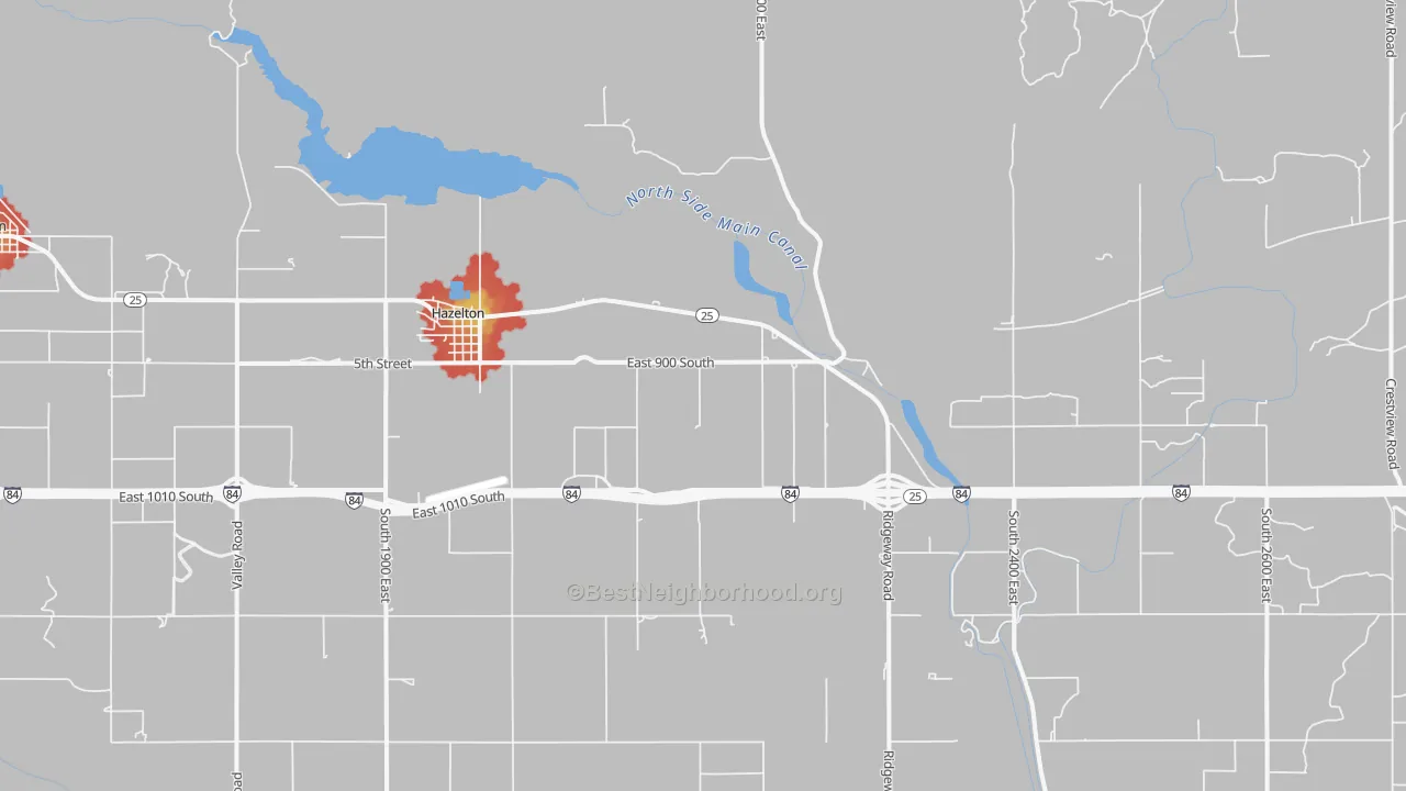 Walk Grade map of 83335, ID, walkable areas in green and car-dependent areas in red