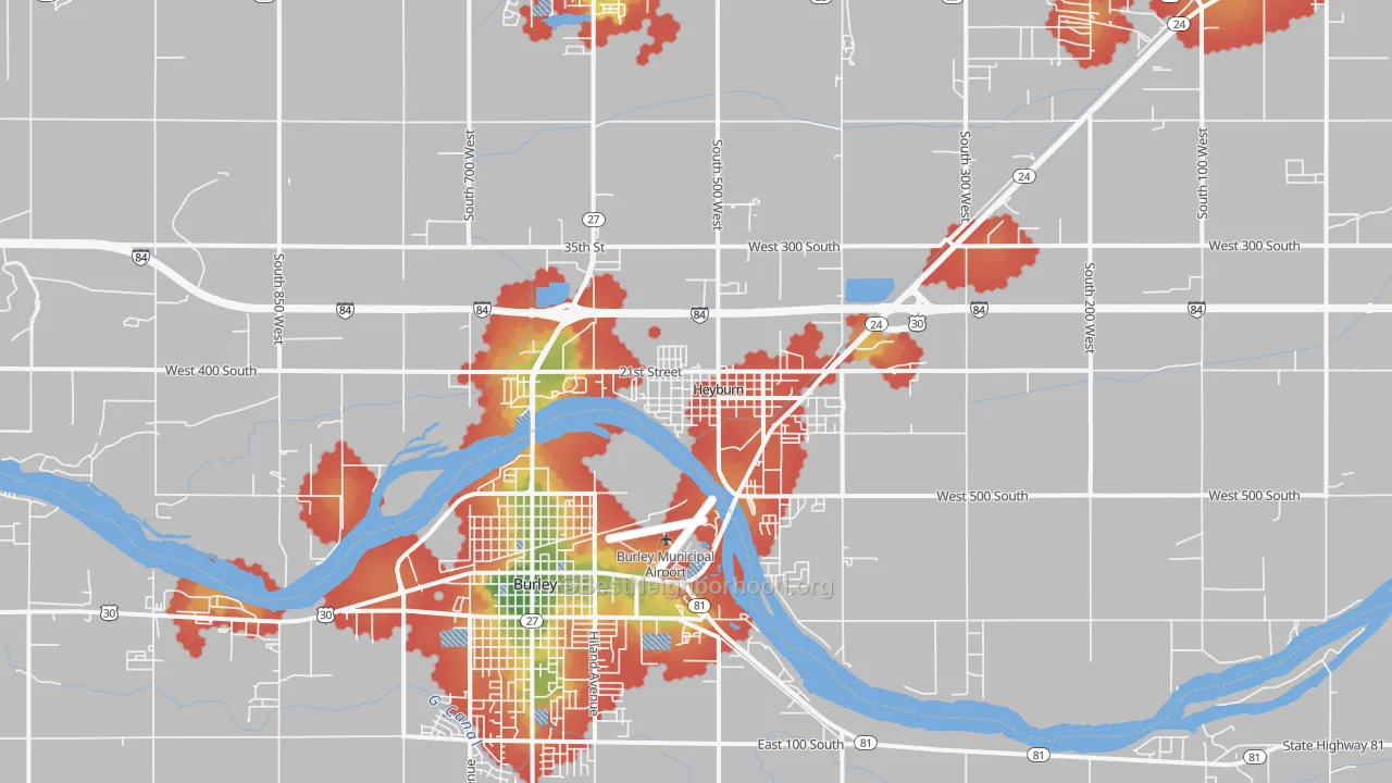 Walk Grade map of 83336, ID, walkable areas in green and car-dependent areas in red