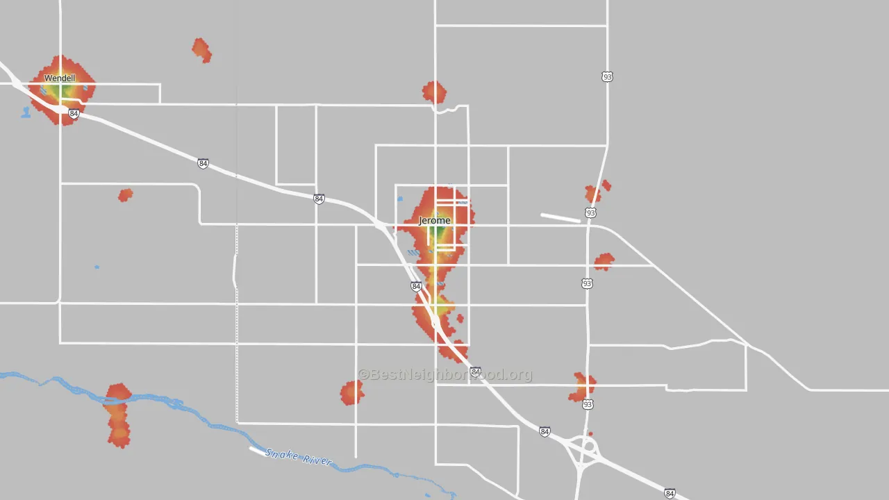 Walk Grade map of 83338, ID, walkable areas in green and car-dependent areas in red