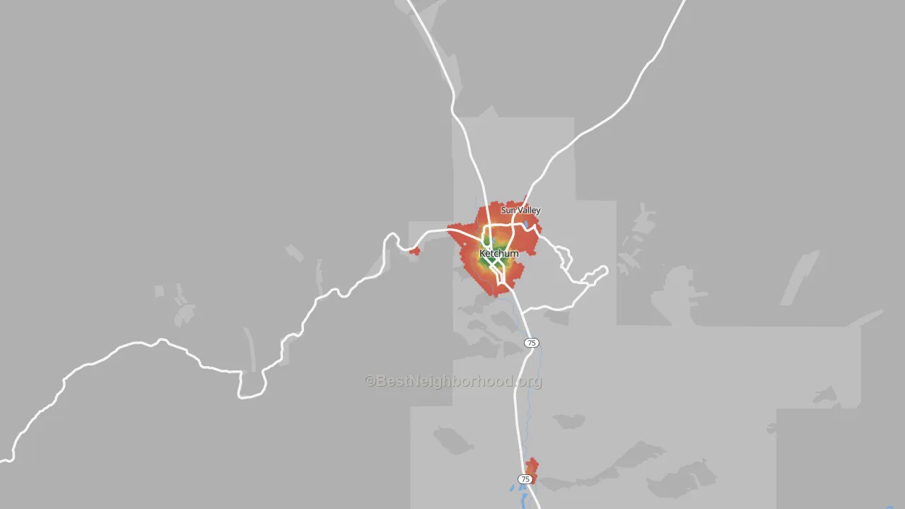 Walk Grade map of 83340, ID, walkable areas in green and car-dependent areas in red
