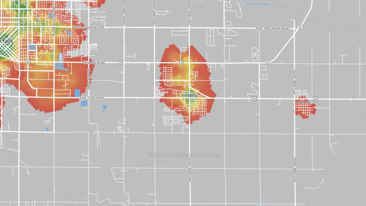 Walk Grade map of 83341, ID, walkable areas in green and car-dependent areas in red