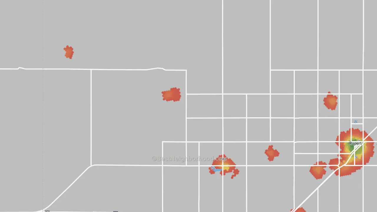 Walk Grade map of 83347, ID, walkable areas in green and car-dependent areas in red